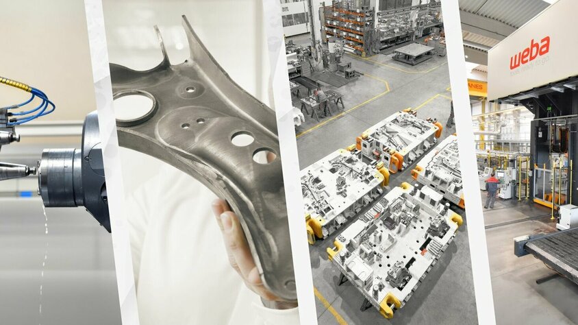 Blick in den Werkzeugbau von weba: CNC-Bearbeitung, Bauteilprüfung, Werkzeugsätze und Warmumformpresse in moderner Fertigungshalle.