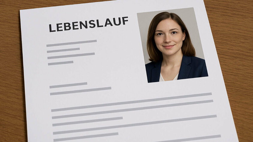 Bewerbungsfotos im Lebenslauf Lebenslauf auf einem Holztisch mit professionell eingefügtem Bewerbungsfoto einer jungen Frau im Blazer oben rechts auf dem Dokument.