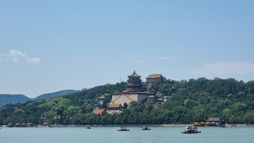 Blick über den Kunming-See auf den Sommerpalast in Peking, umgeben von grünen Hügeln und Booten auf dem Wasser – eine Station auf Jan Wengryns Reise durch China.