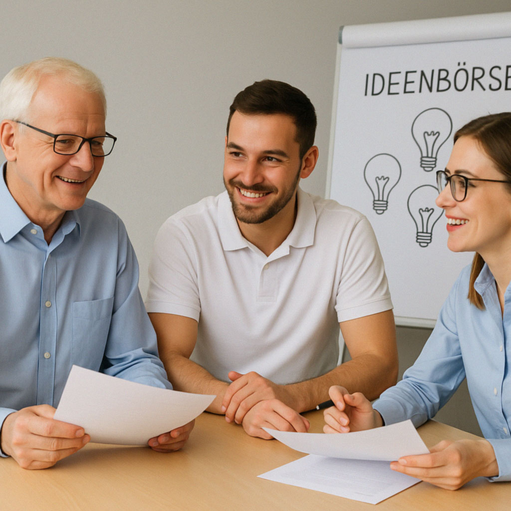Three employees sit around a table discussing, with a flipchart in the background showing “Idea Exchange” and light bulb sketches.